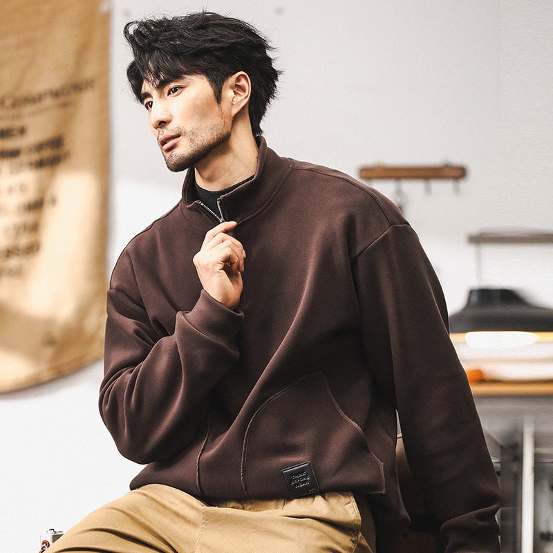 Quarter-Zip Fleece 500 GSM Jacket With Pockets in Coffee Brown