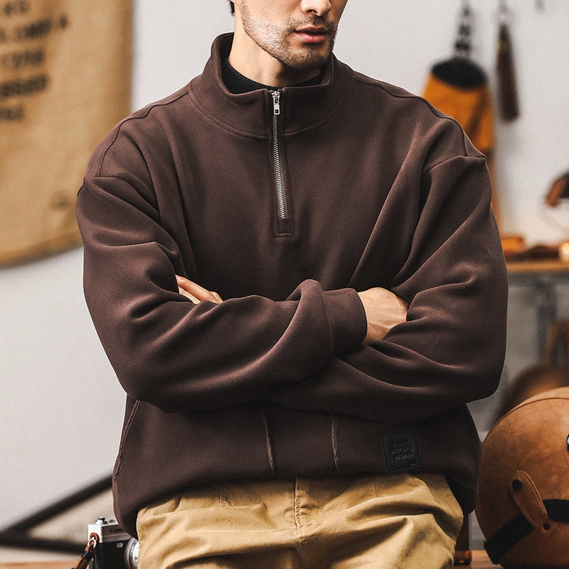 Quarter-Zip Fleece 500 GSM Jacket With Pockets in Coffee Brown