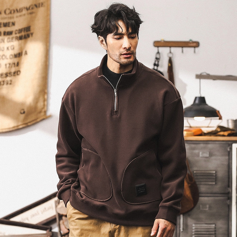 Quarter-Zip Fleece 500 GSM Jacket With Pockets in Coffee Brown