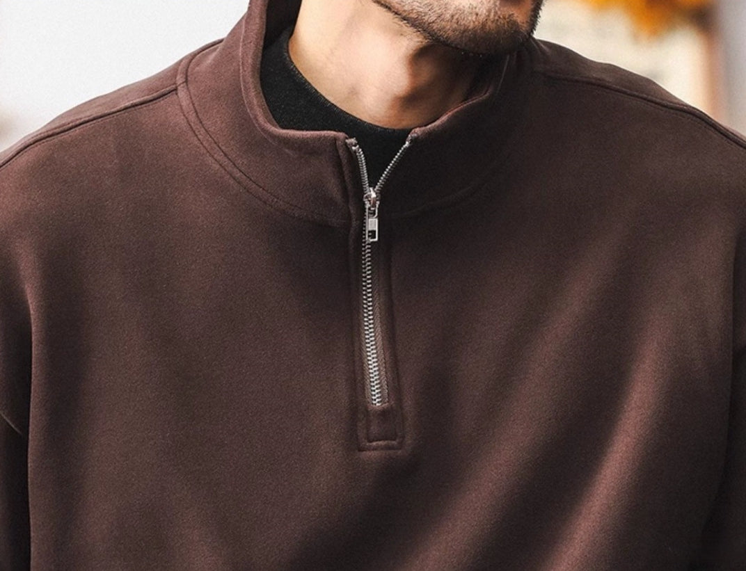 Quarter-Zip Fleece 500 GSM Jacket With Pockets in Coffee Brown