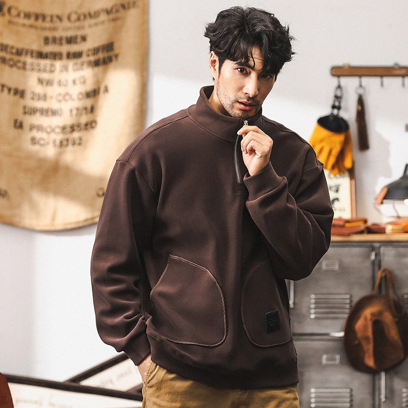 Quarter-Zip Fleece 500 GSM Jacket With Pockets in Coffee Brown