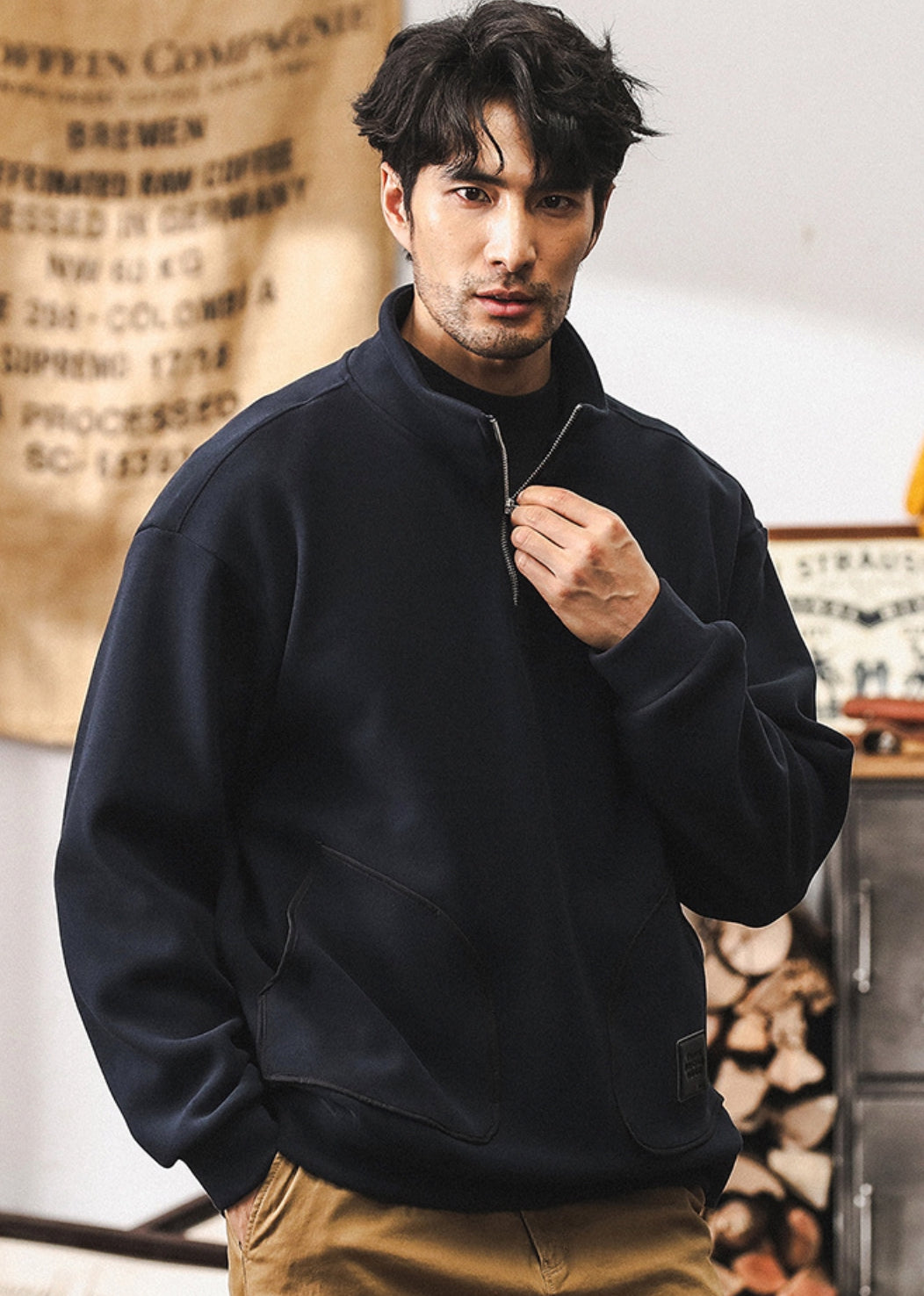 Quarter-Zip Fleece 500 GSM Jacket With Pockets in Royal Blue