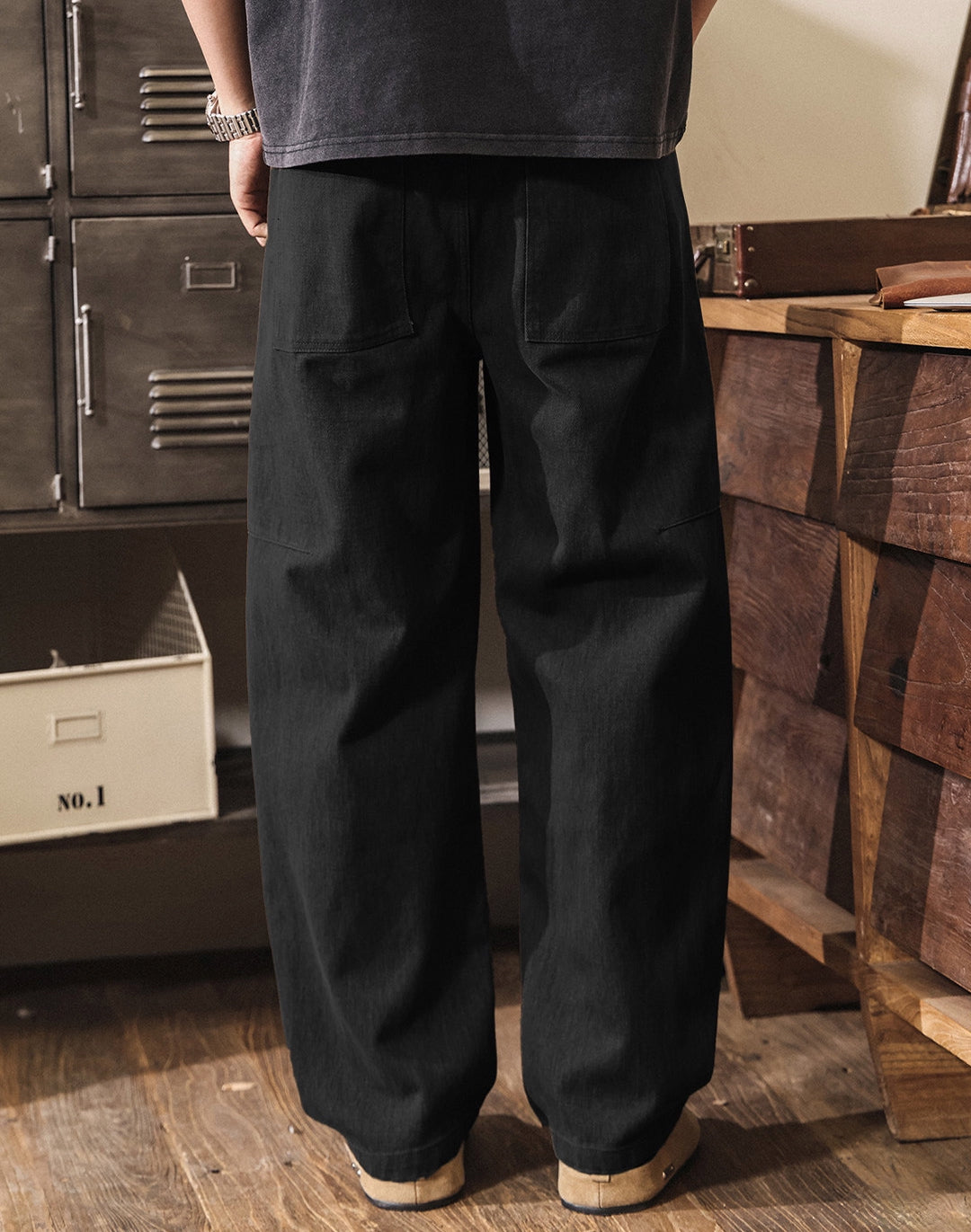 Retro Cargo Wide Leg Denim Pants - BLACK