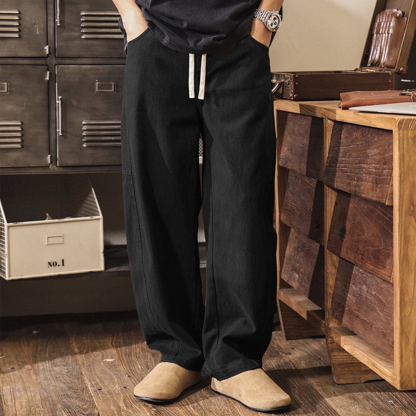Retro Cargo Wide Leg Denim Pants - BLACK