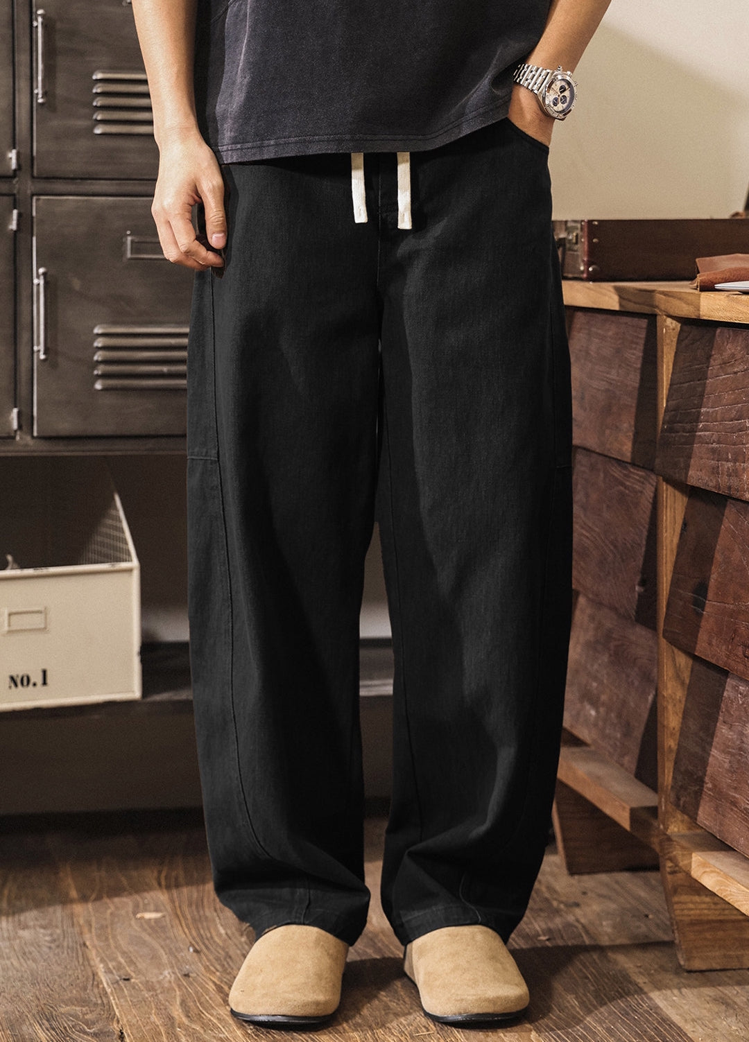 Retro Cargo Wide Leg Denim Pants - BLACK