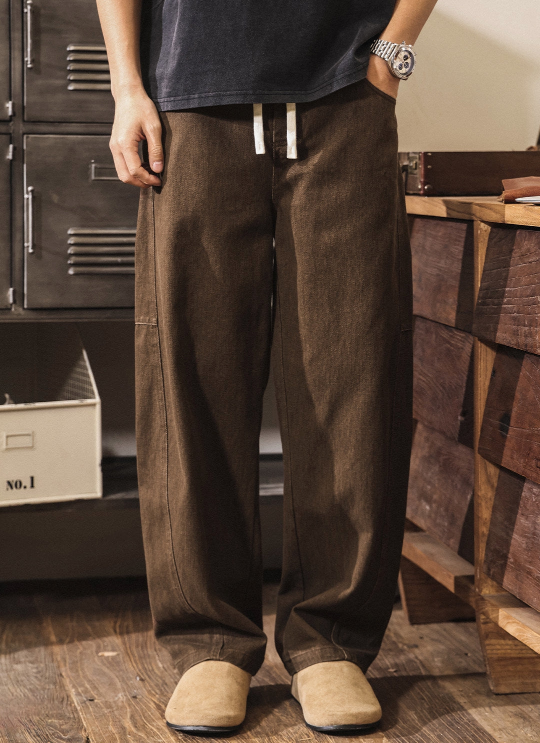 Retro Cargo Wide Leg Denim Pants - BROWN