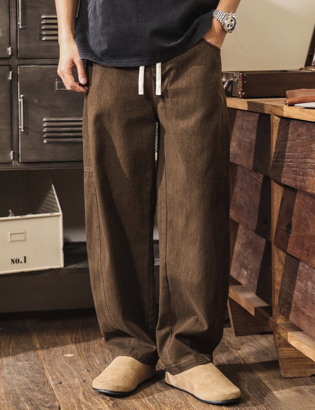 Retro Cargo Wide Leg Denim Pants - BROWN