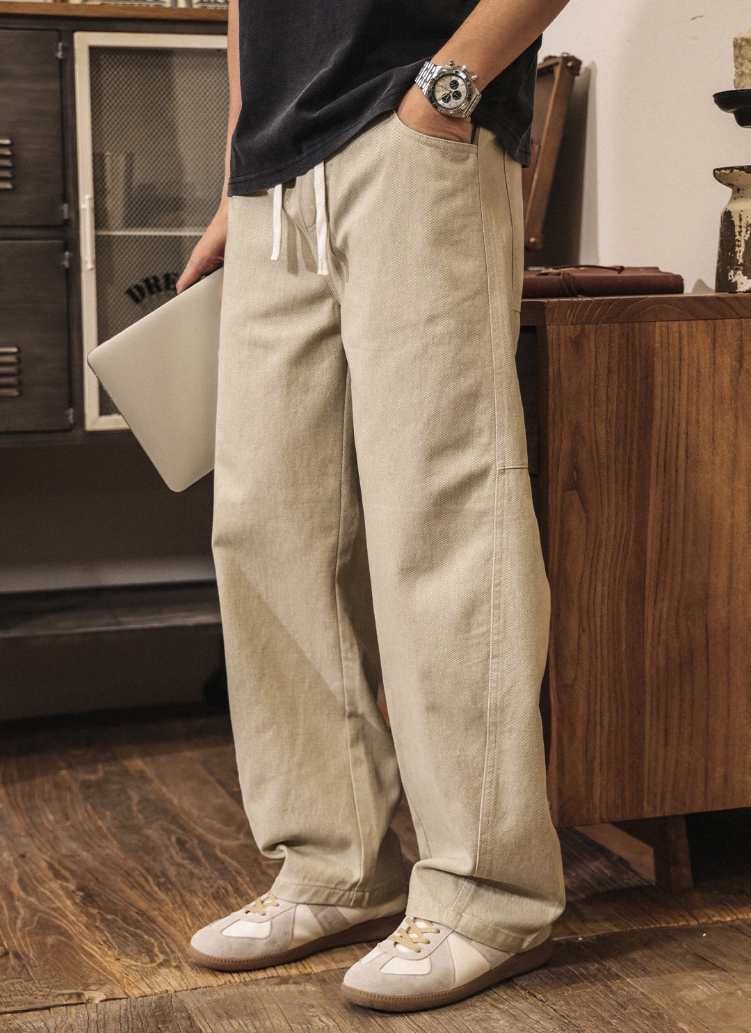 Retro Cargo Wide Leg Denim Pants - LIGHTKHAKI