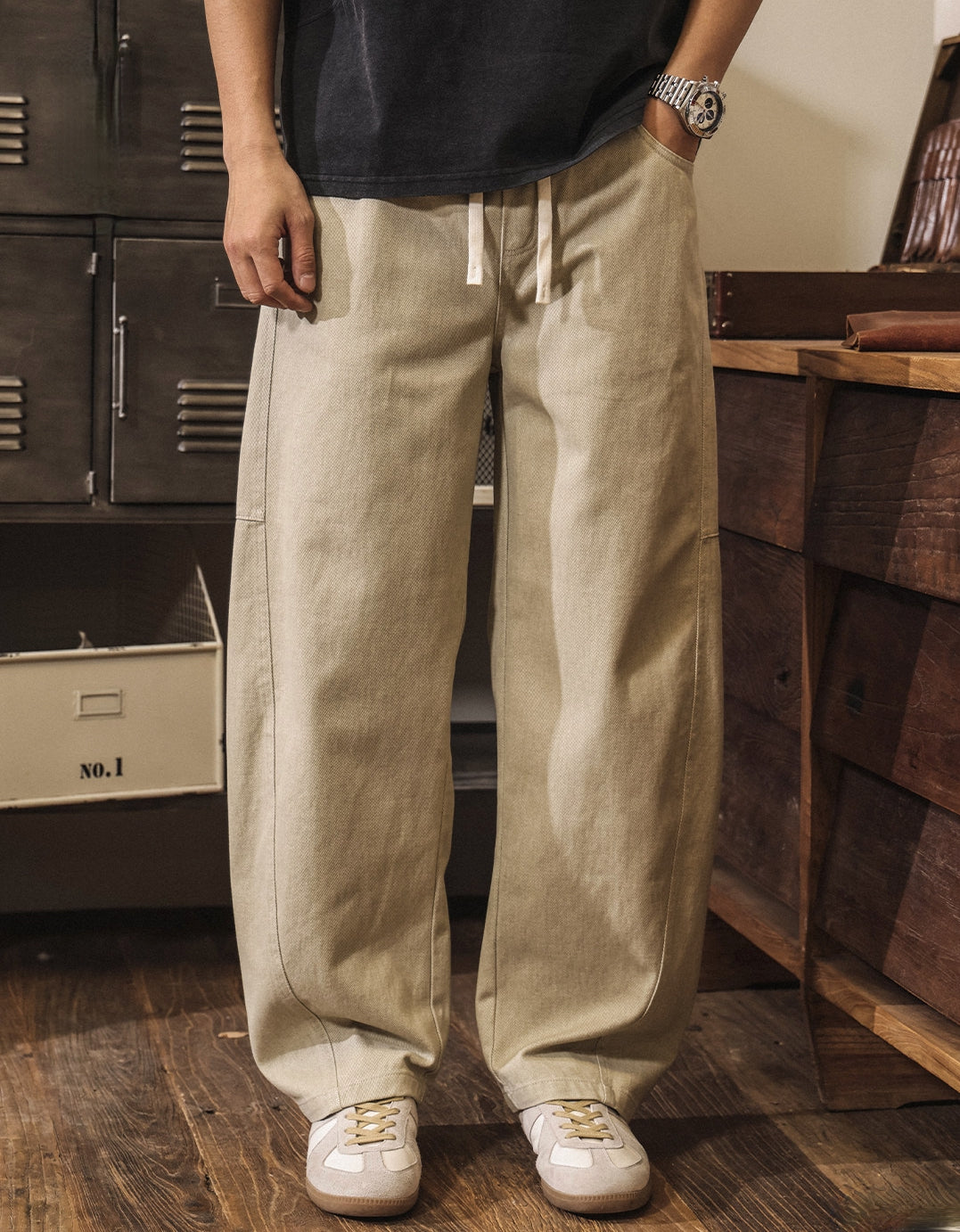 Retro Cargo Wide Leg Denim Pants - LIGHTKHAKI