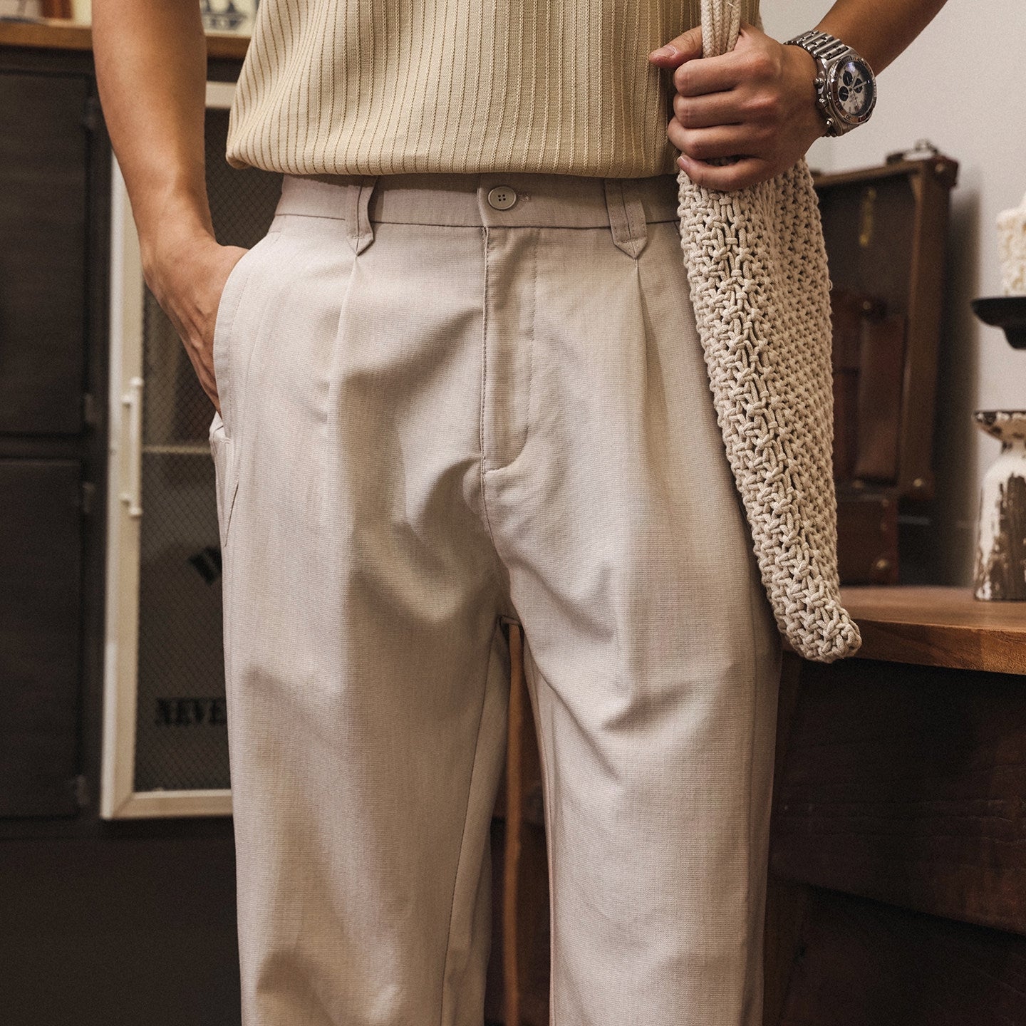 Lyocell Anti Wrinkle Straight Leg Trousers - APRICOT