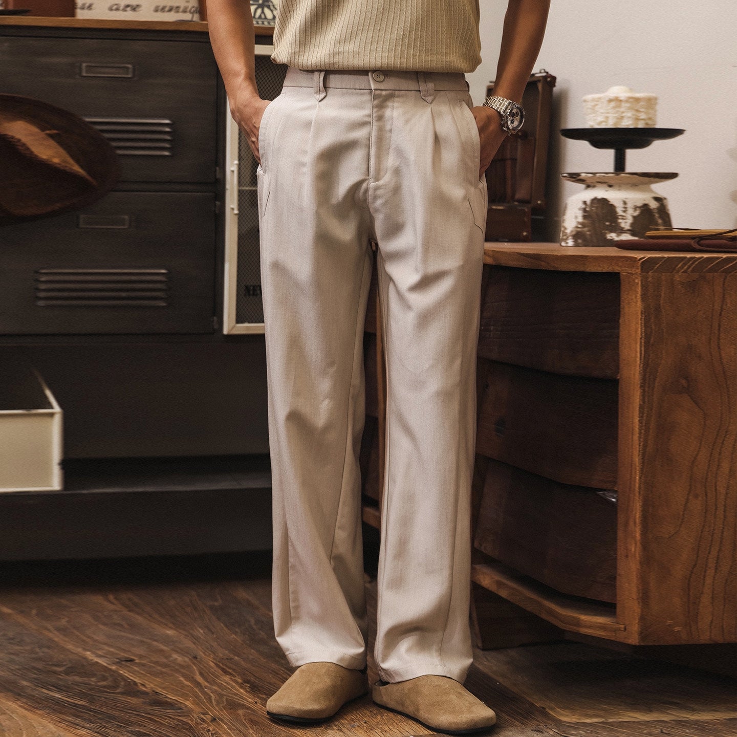 Lyocell Anti Wrinkle Straight Leg Trousers - APRICOT