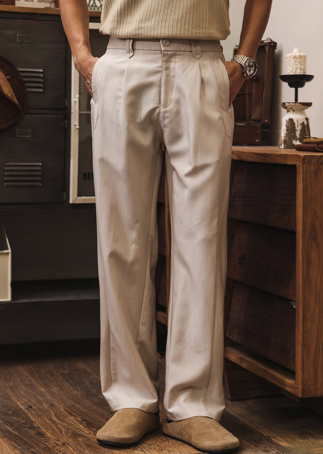 Lyocell Anti Wrinkle Straight Leg Trousers - APRICOT