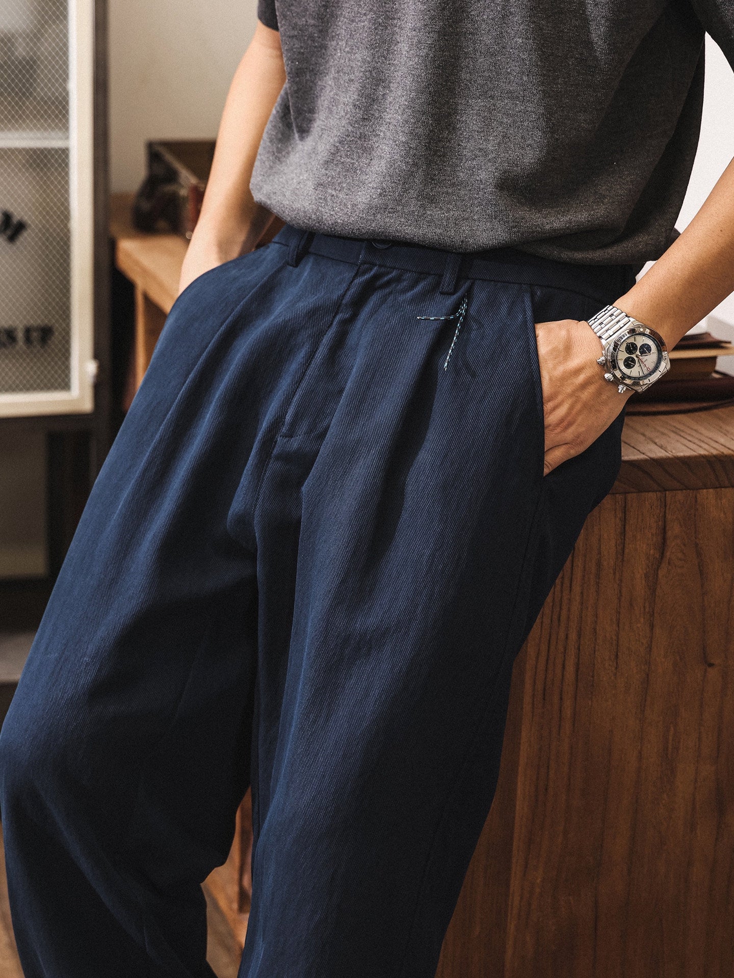 92% Lyocell Straight Leg Casual Pants - NAVYBLUE