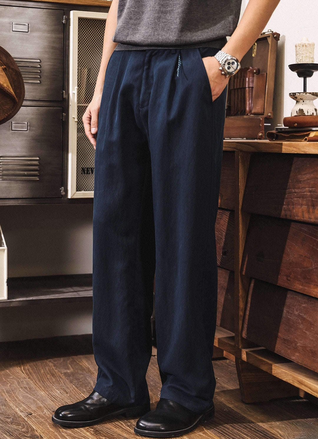 92% Lyocell Straight Leg Casual Pants - NAVYBLUE