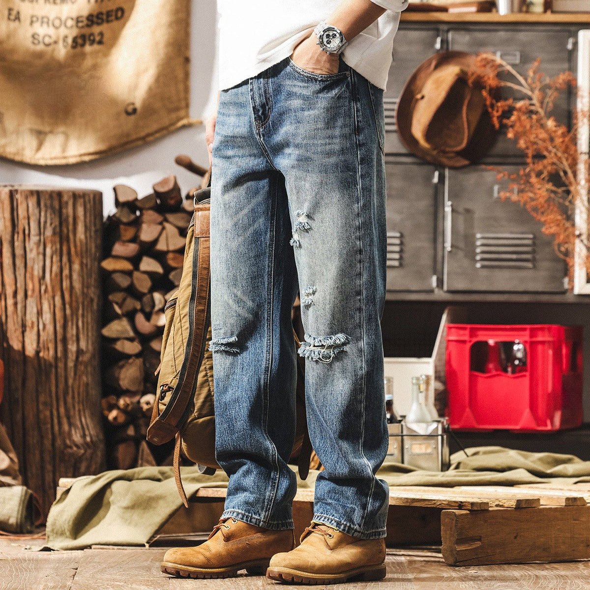 Mid-Wash Distressed Denim - BLUE