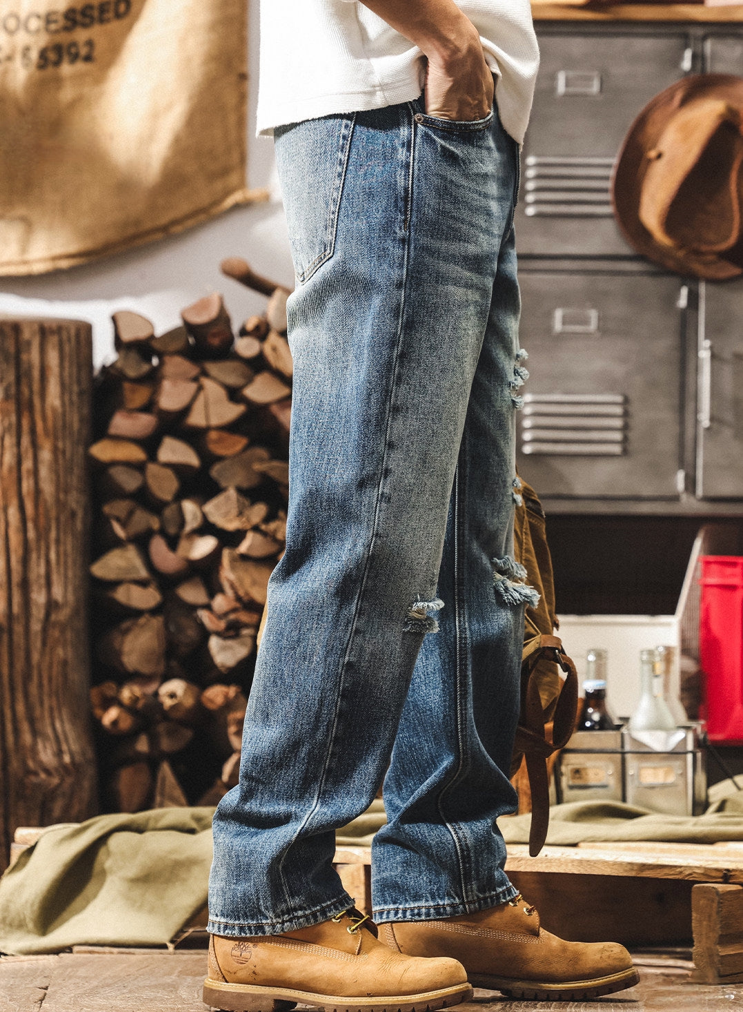 Mid-Wash Distressed Denim - BLUE