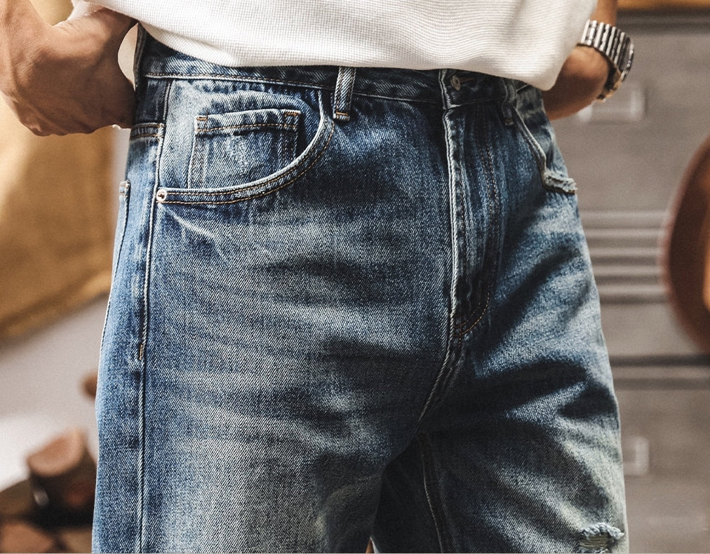 Mid-Wash Distressed Denim - BLUE