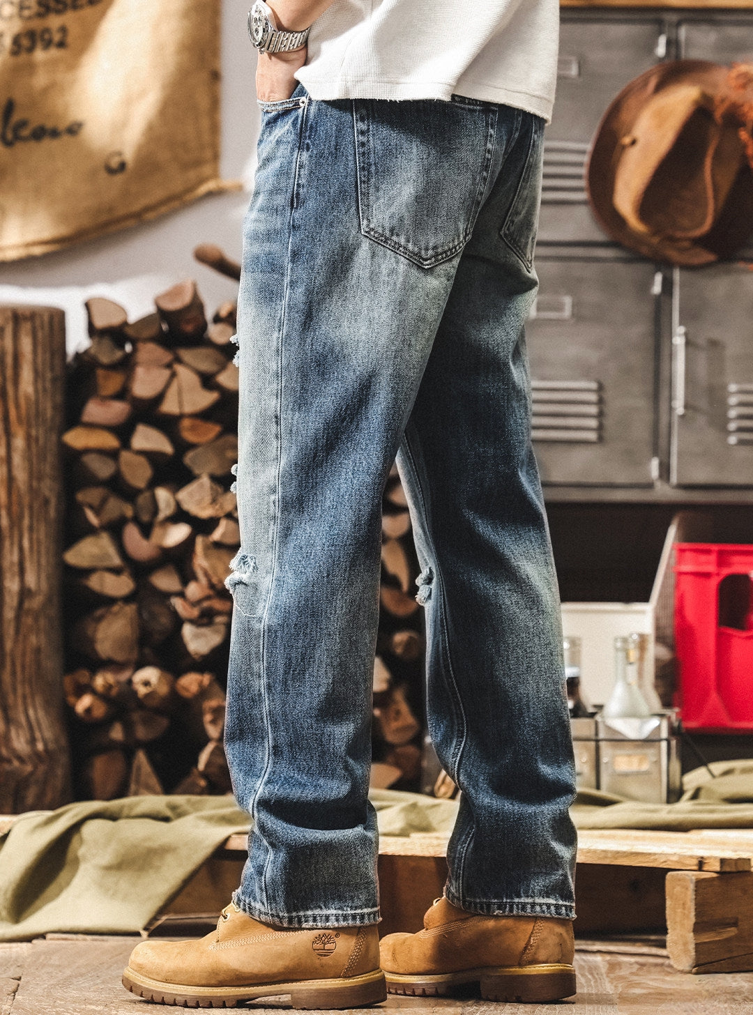 Mid-Wash Distressed Denim - BLUE