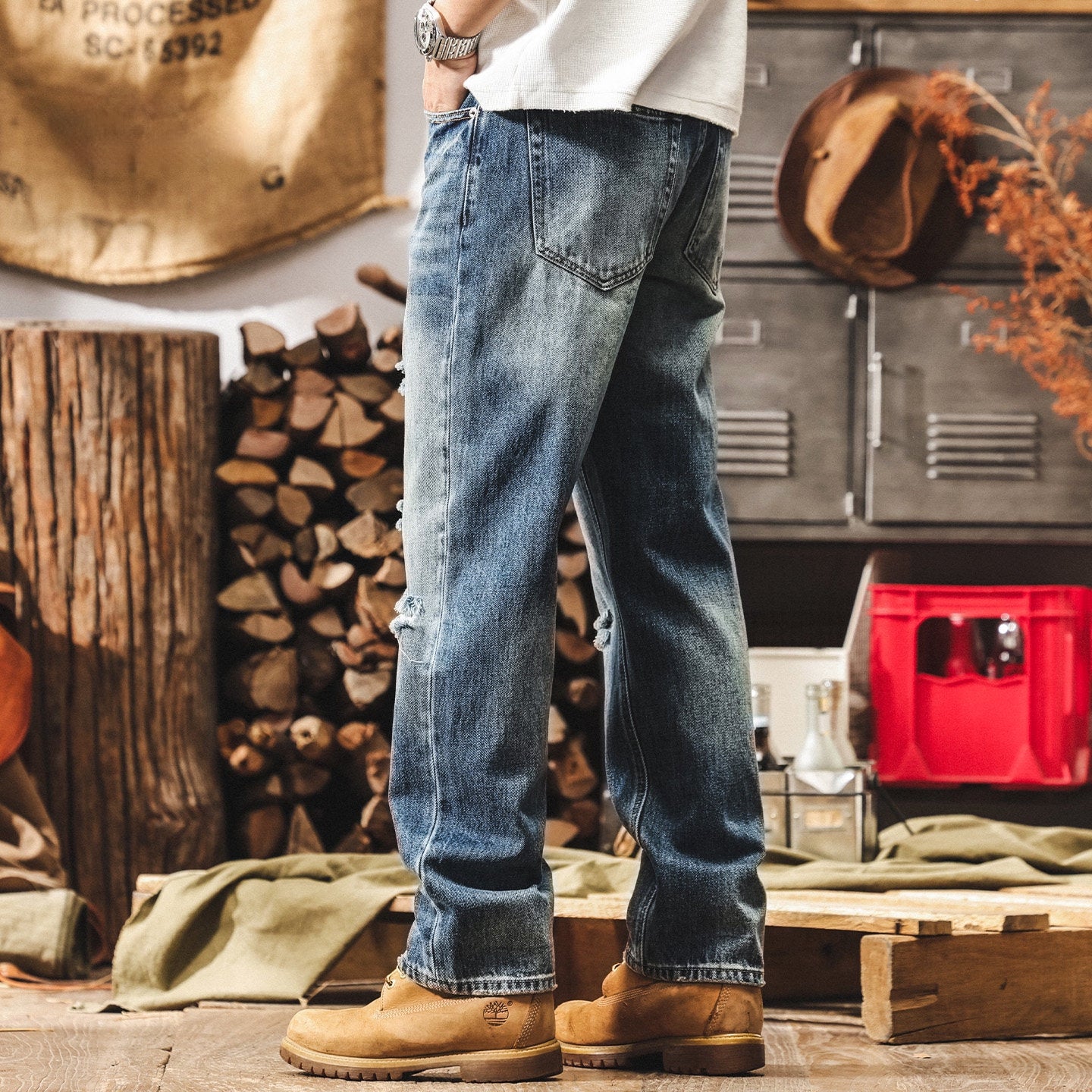 Mid-Wash Distressed Denim - BLUE