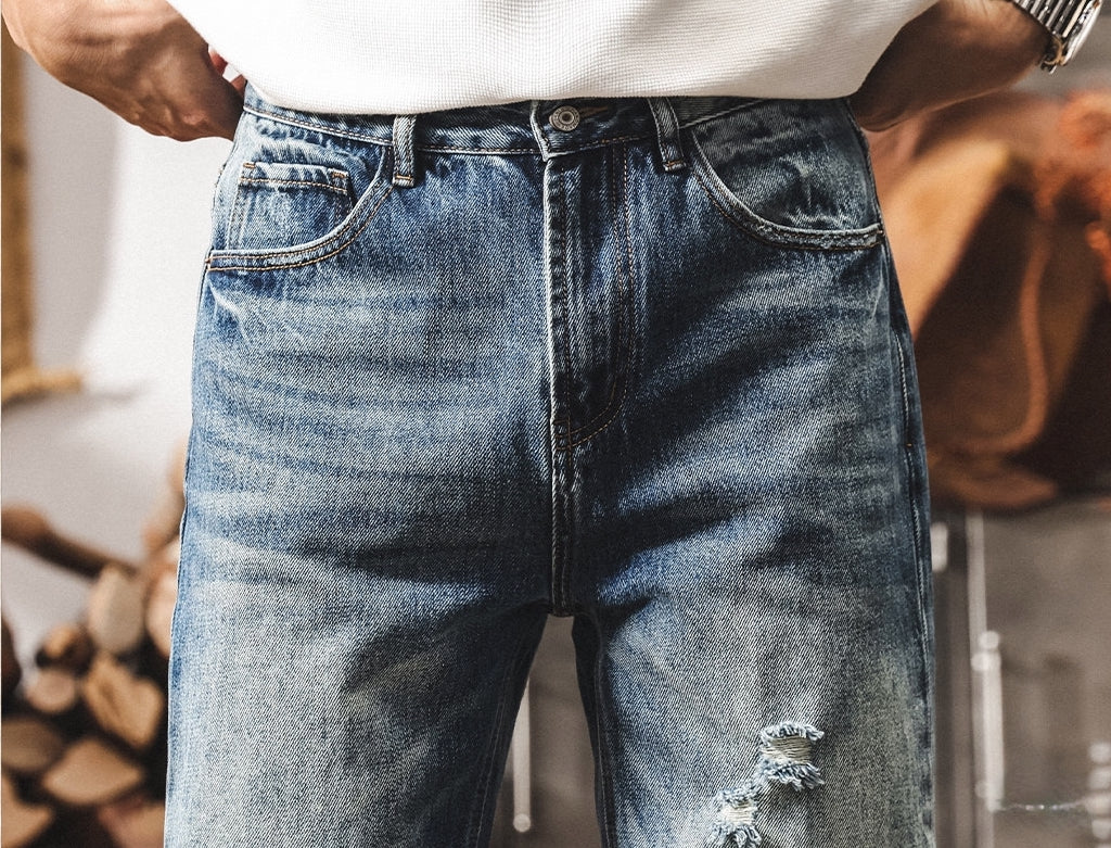 Mid-Wash Distressed Denim - BLUE