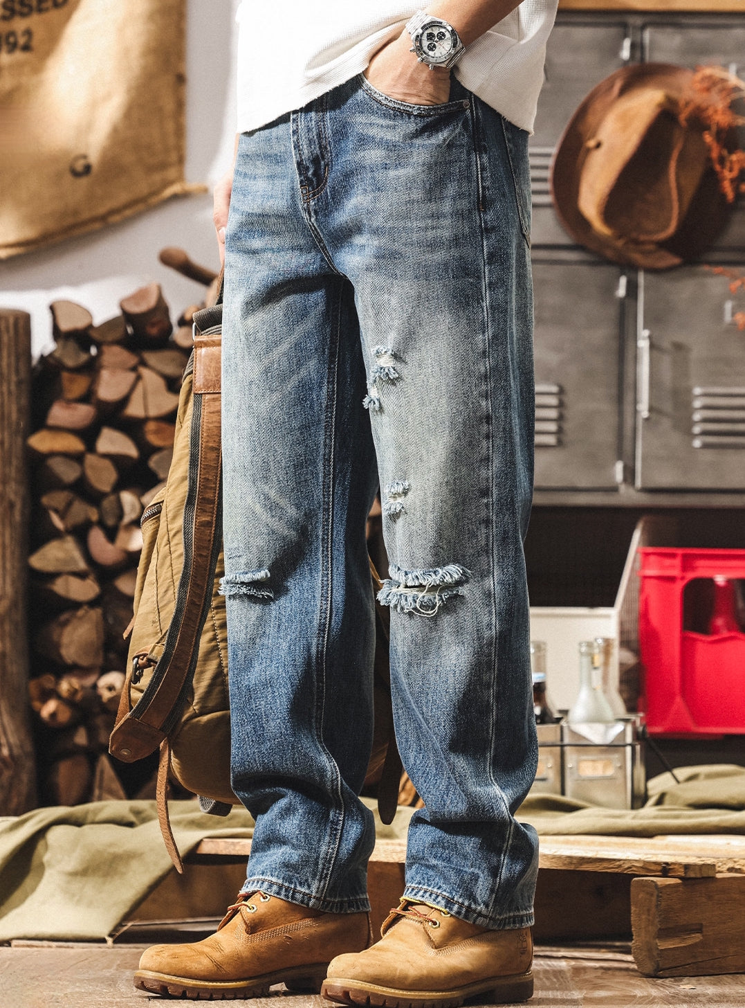 Mid-Wash Distressed Denim - BLUE