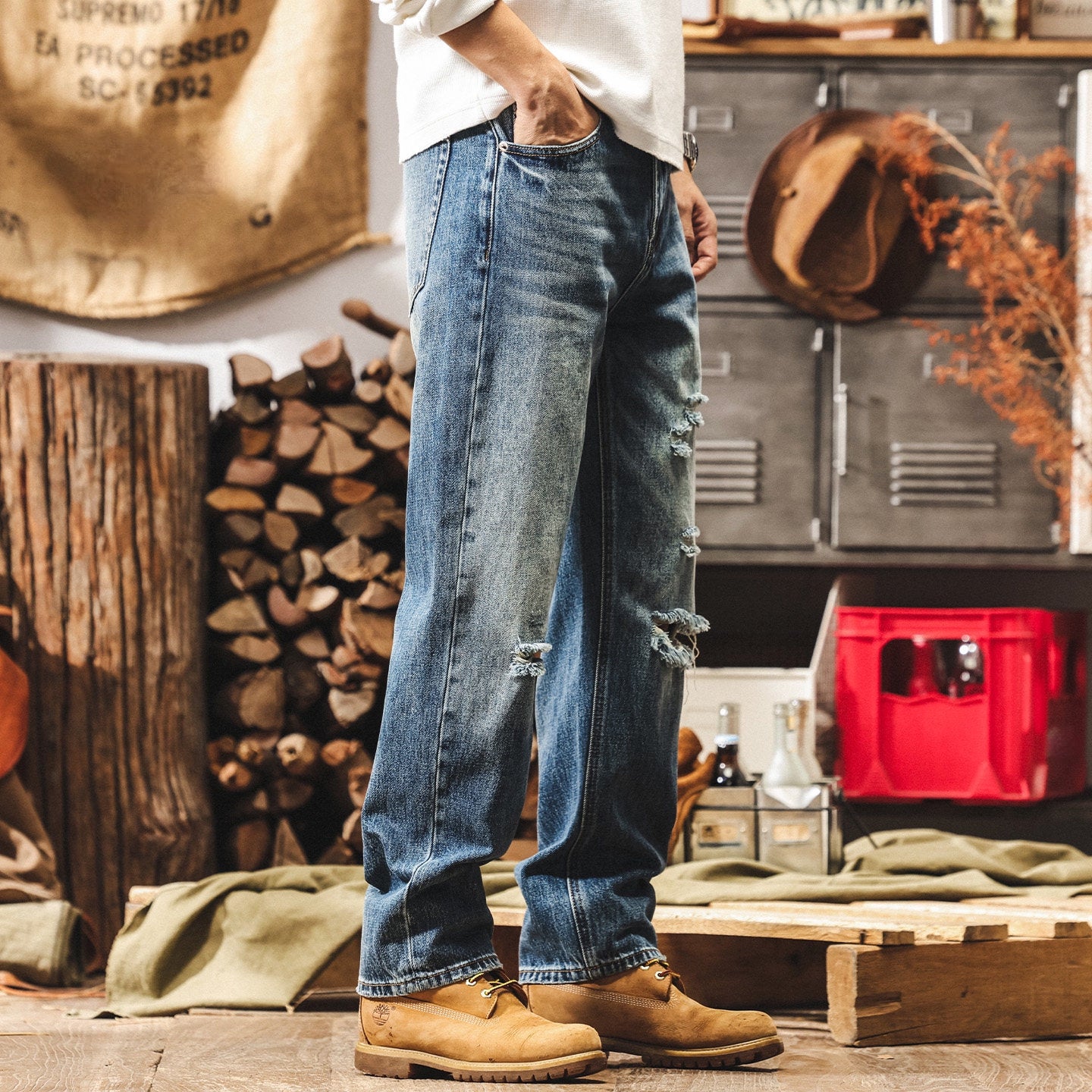 Mid-Wash Distressed Denim - BLUE