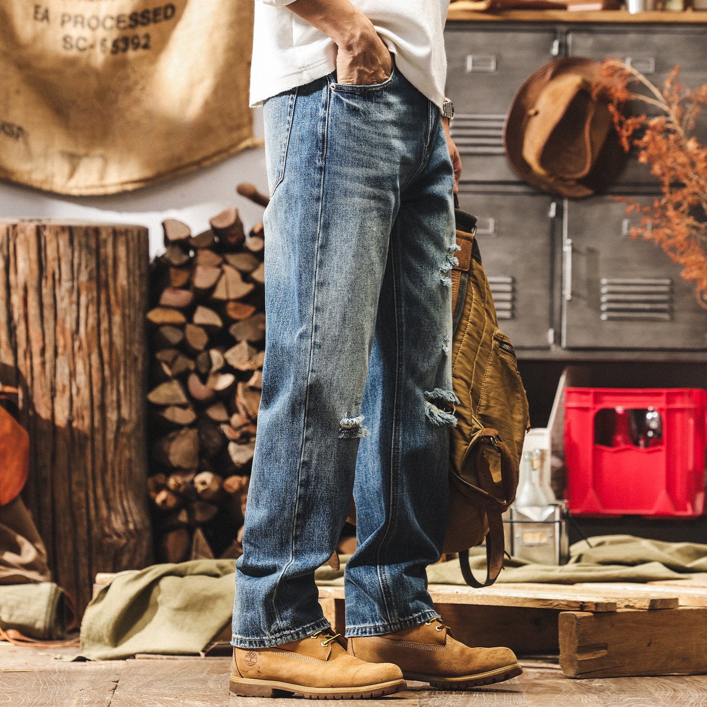 Mid-Wash Distressed Denim - BLUE