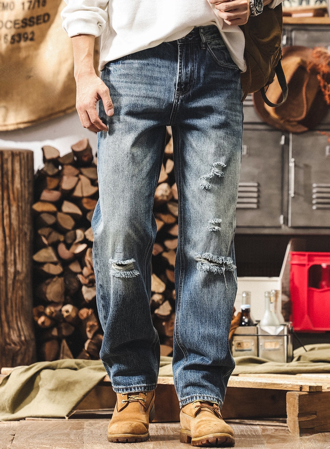 Mid-Wash Distressed Denim - BLUE
