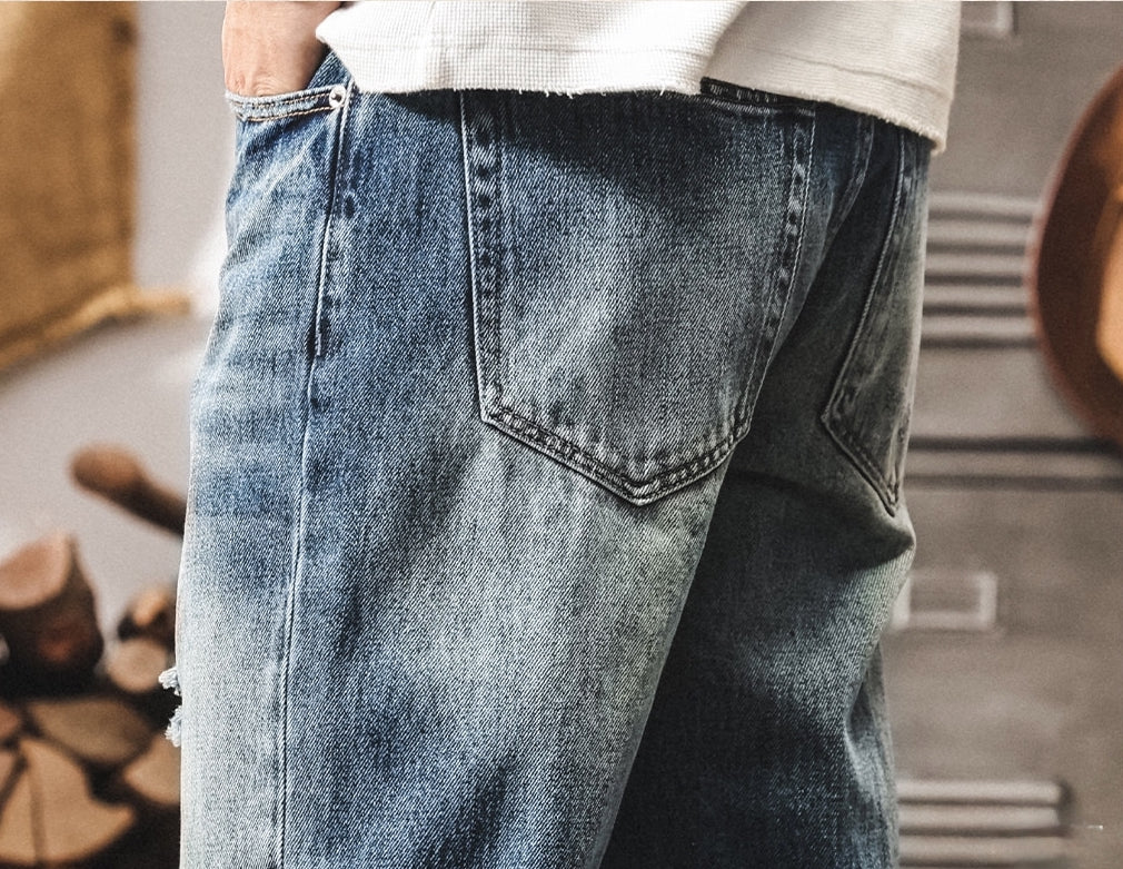 Mid-Wash Distressed Denim - BLUE