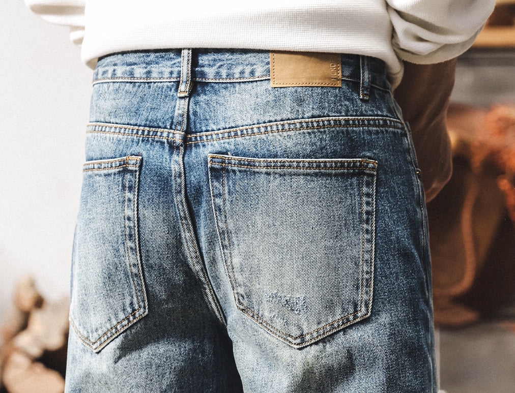 Mid-Wash Distressed Denim - BLUE