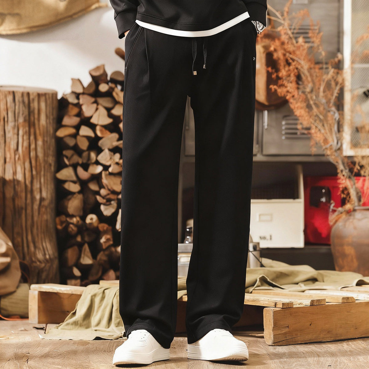 Faux Denim Loose Trousers - BLACK