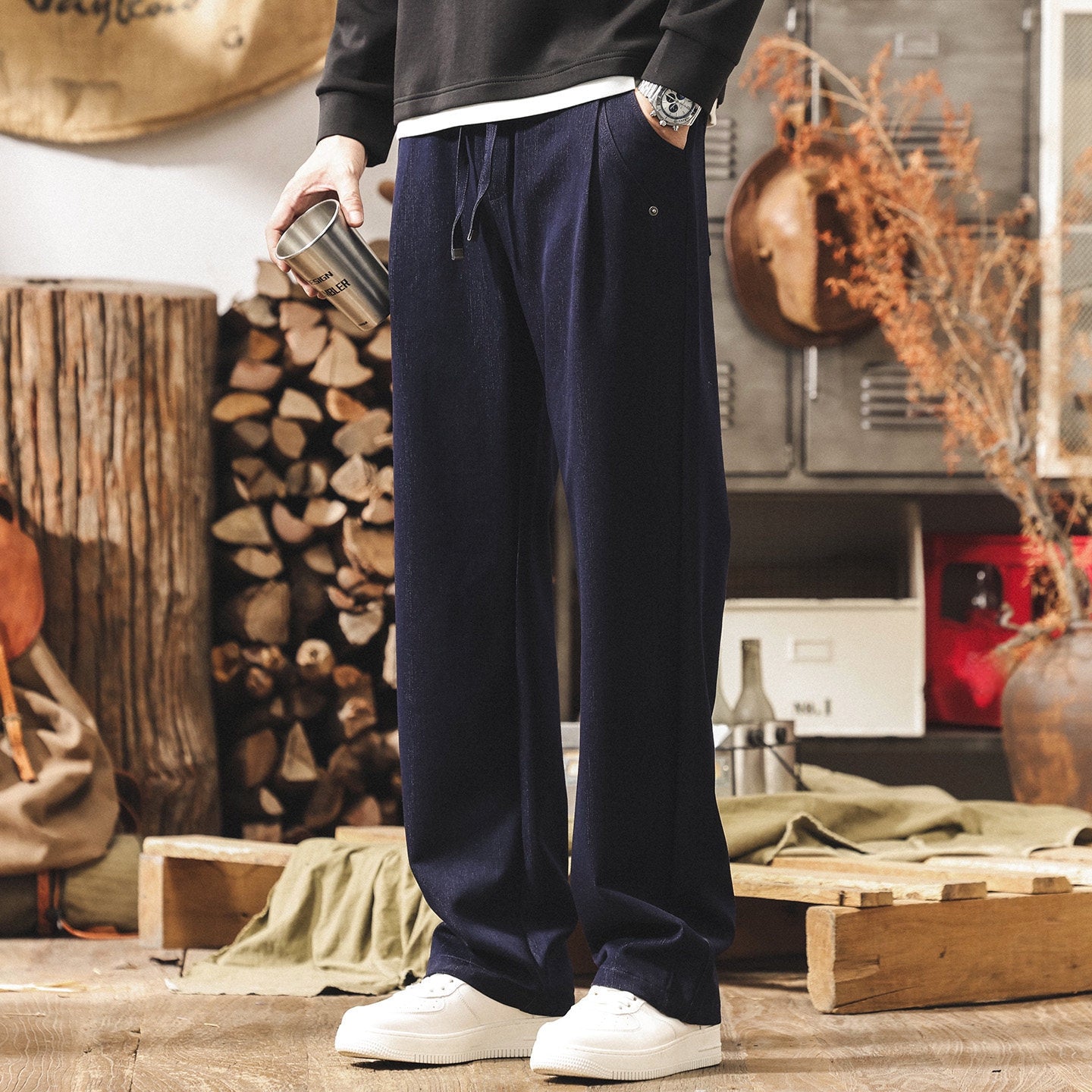 Faux Denim Loose Trousers - BLUE