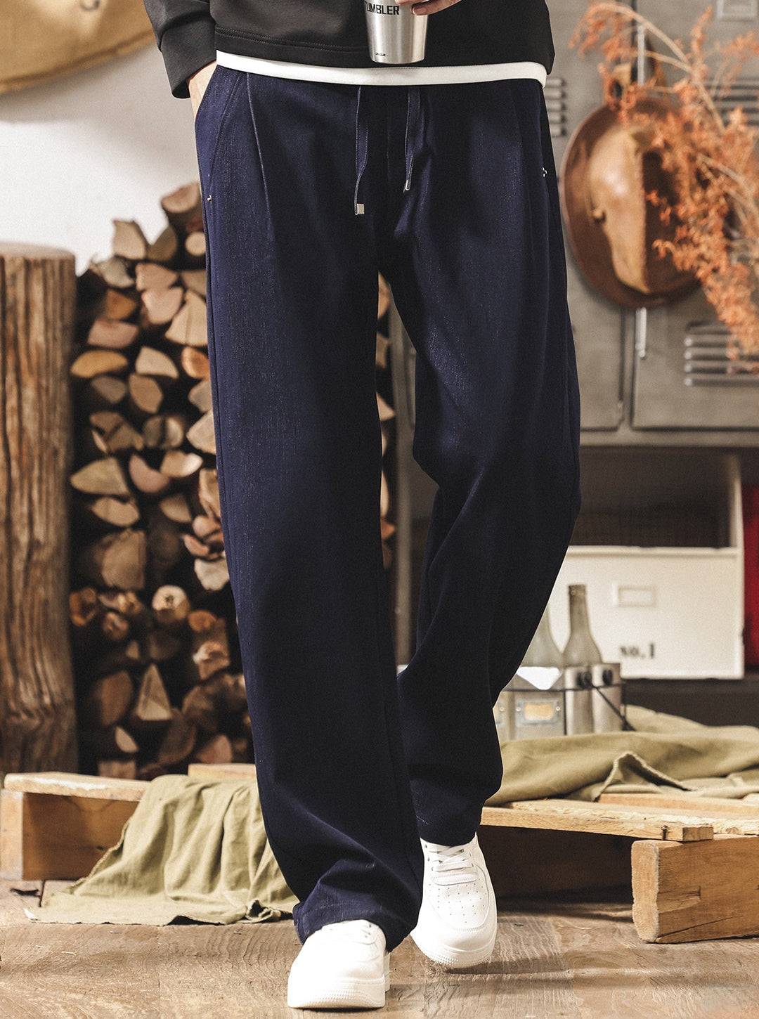 Faux Denim Loose Trousers - BLUE