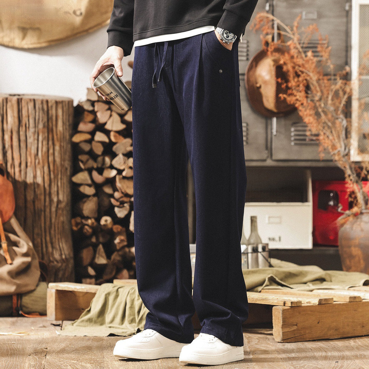 Faux Denim Loose Trousers - BLUE
