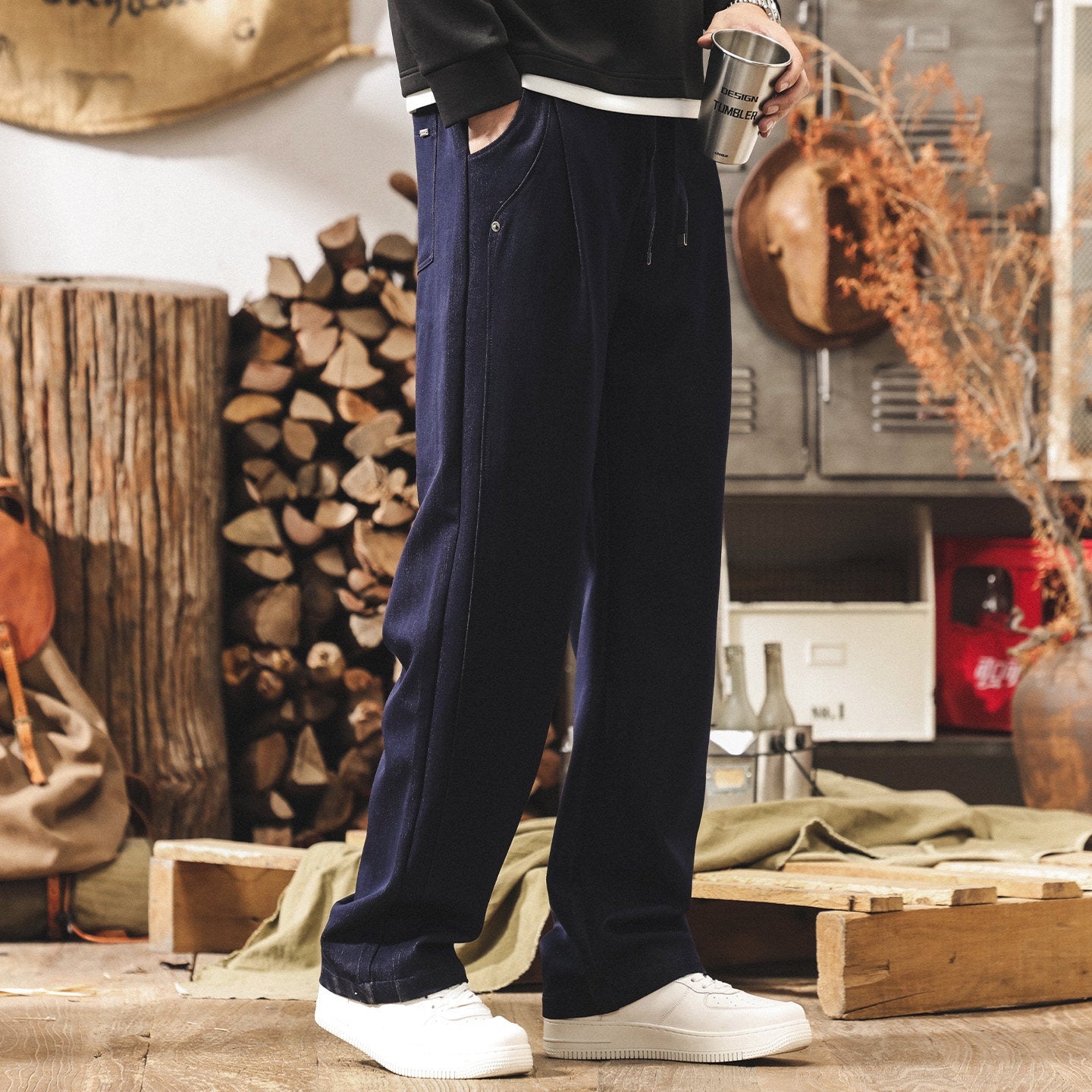Faux Denim Loose Trousers - BLUE