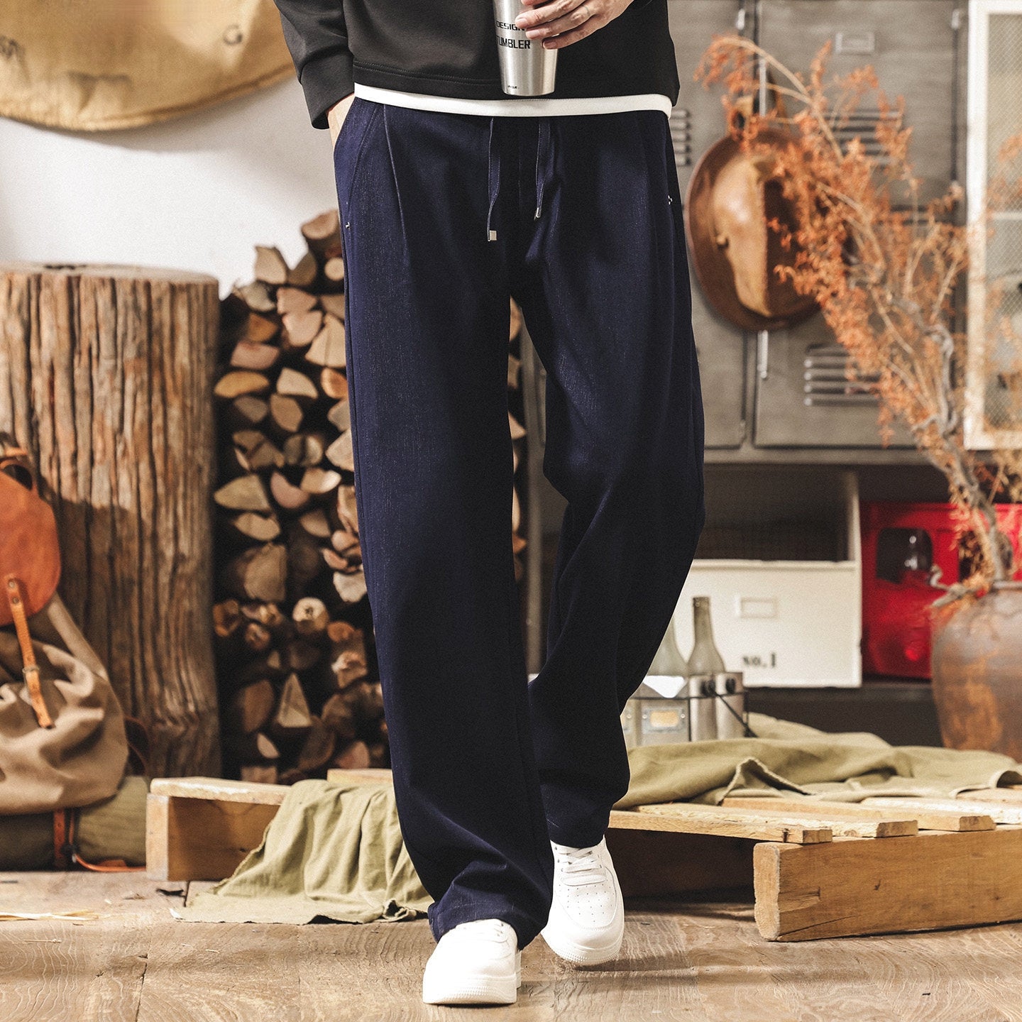 Faux Denim Loose Trousers - BLUE