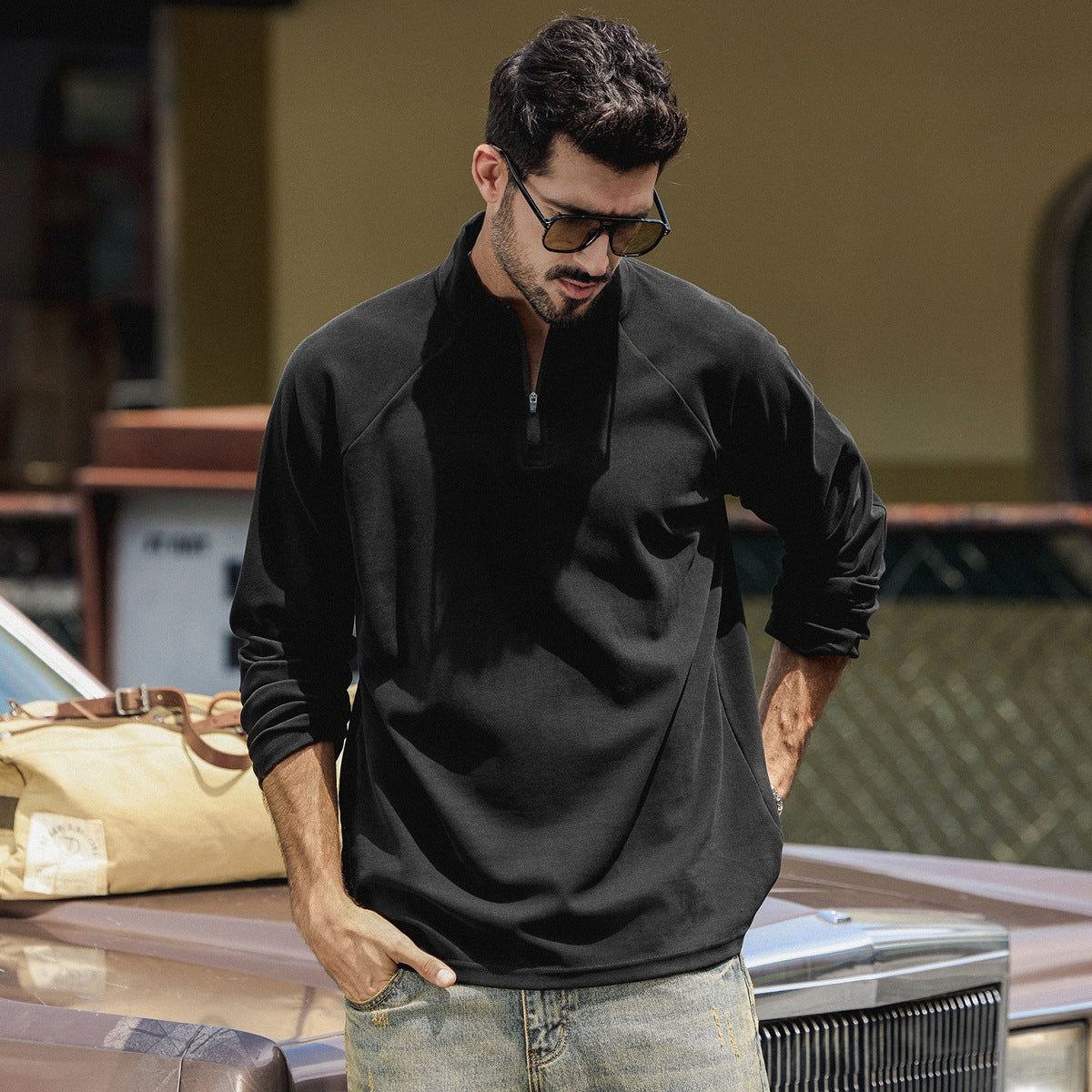 High Neck Sweatshirt  - BLACK