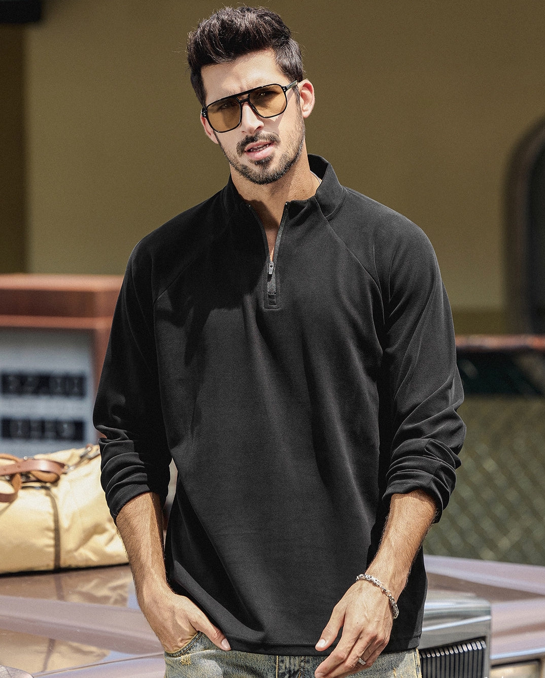 High Neck Sweatshirt  - BLACK