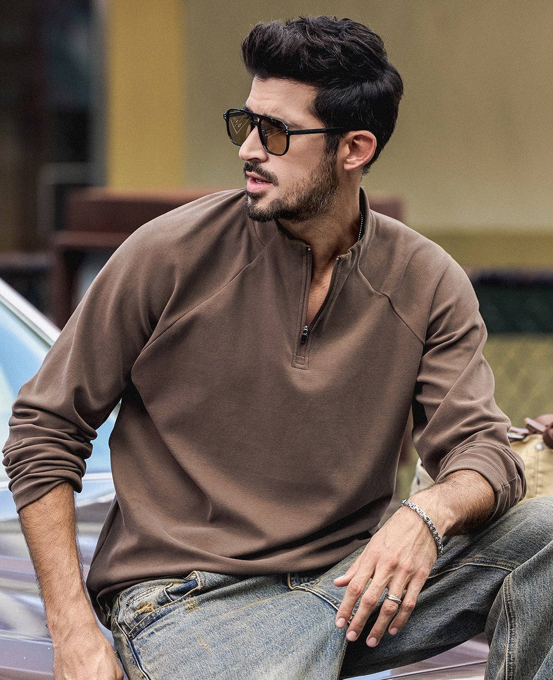 High Neck Sweatshirt  - COFFEE