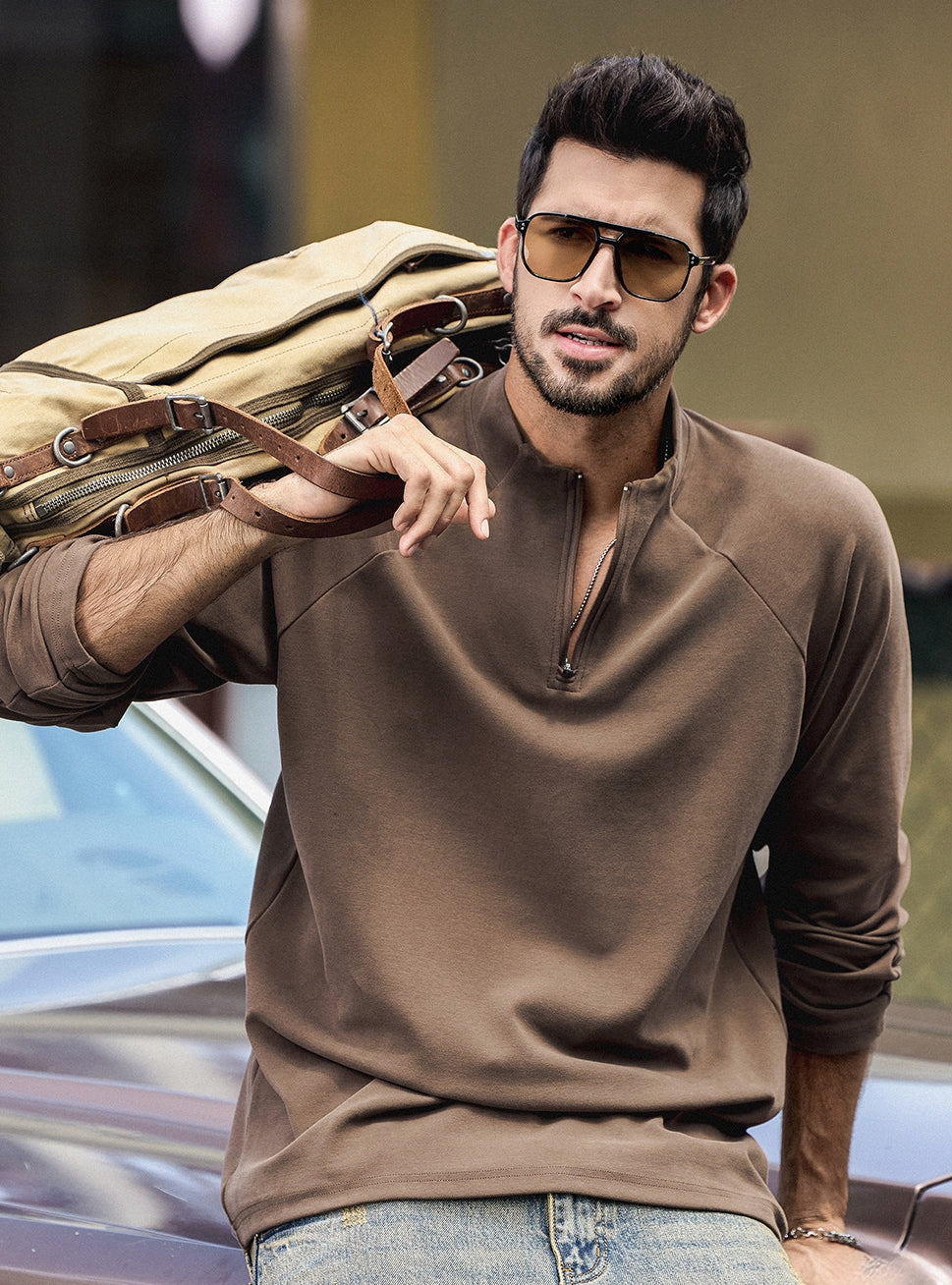 High Neck Sweatshirt  - COFFEE
