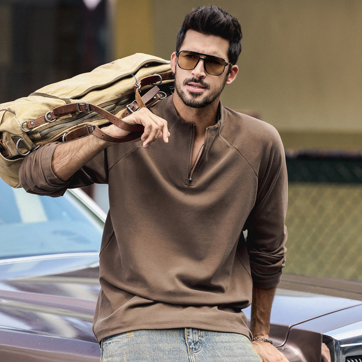 High Neck Sweatshirt  - COFFEE