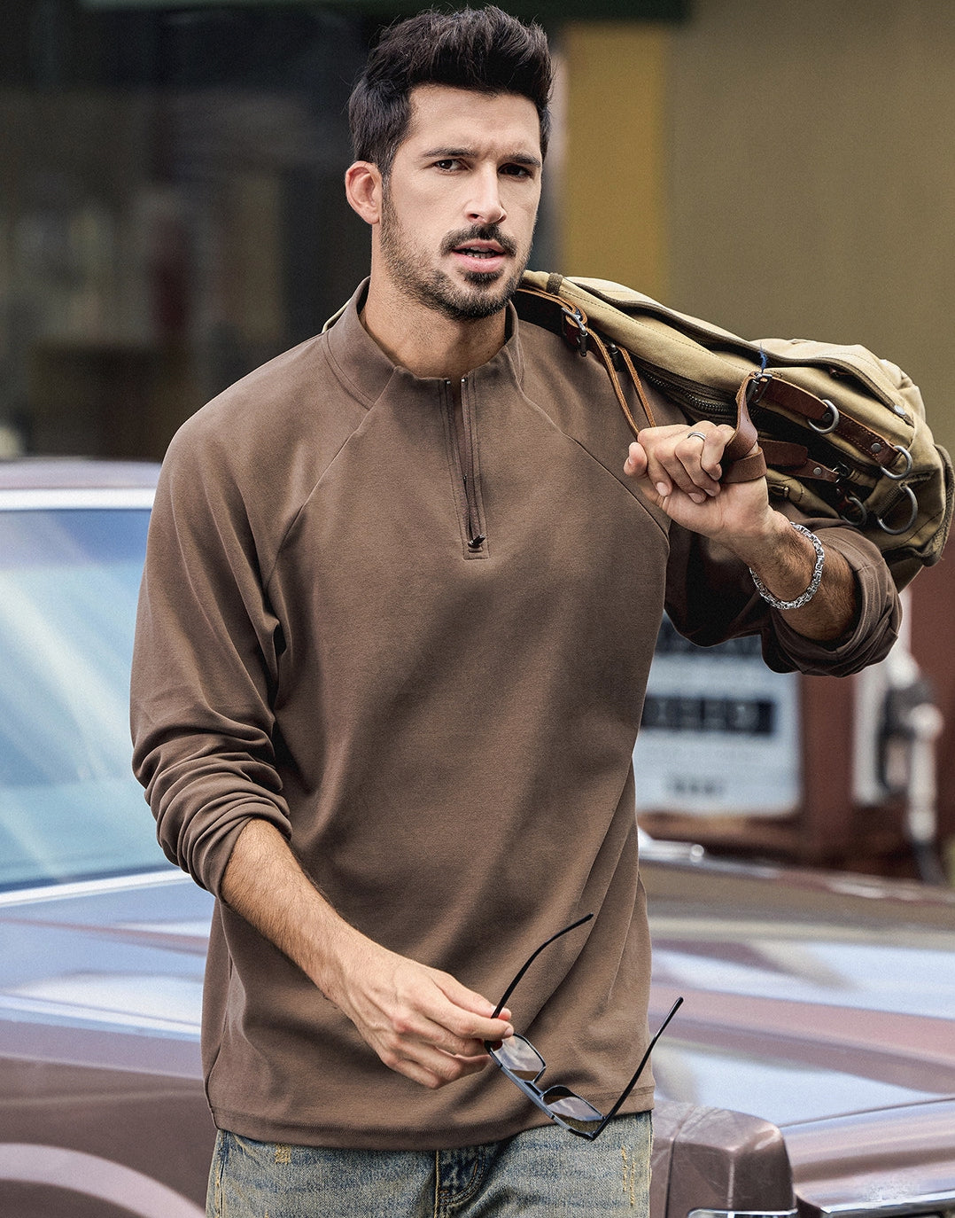 High Neck Sweatshirt  - COFFEE