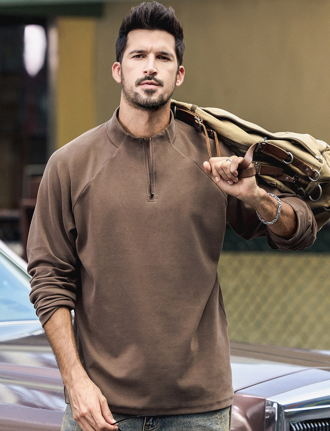 High Neck Sweatshirt  - COFFEE