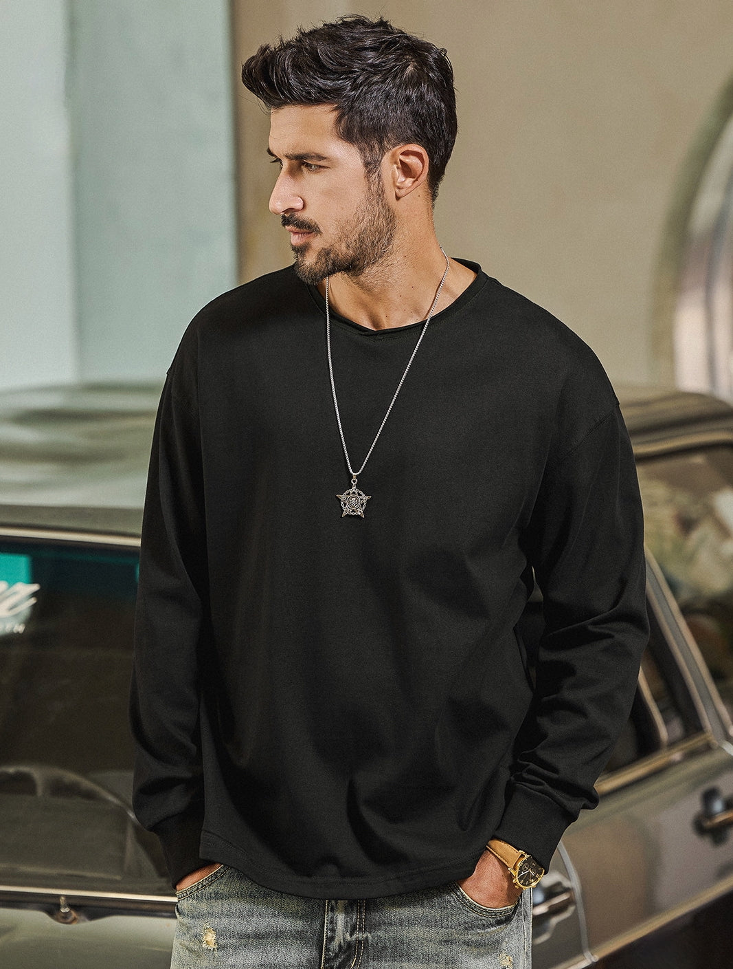 100% Cotton Long Sleeve Tee  - BLACK