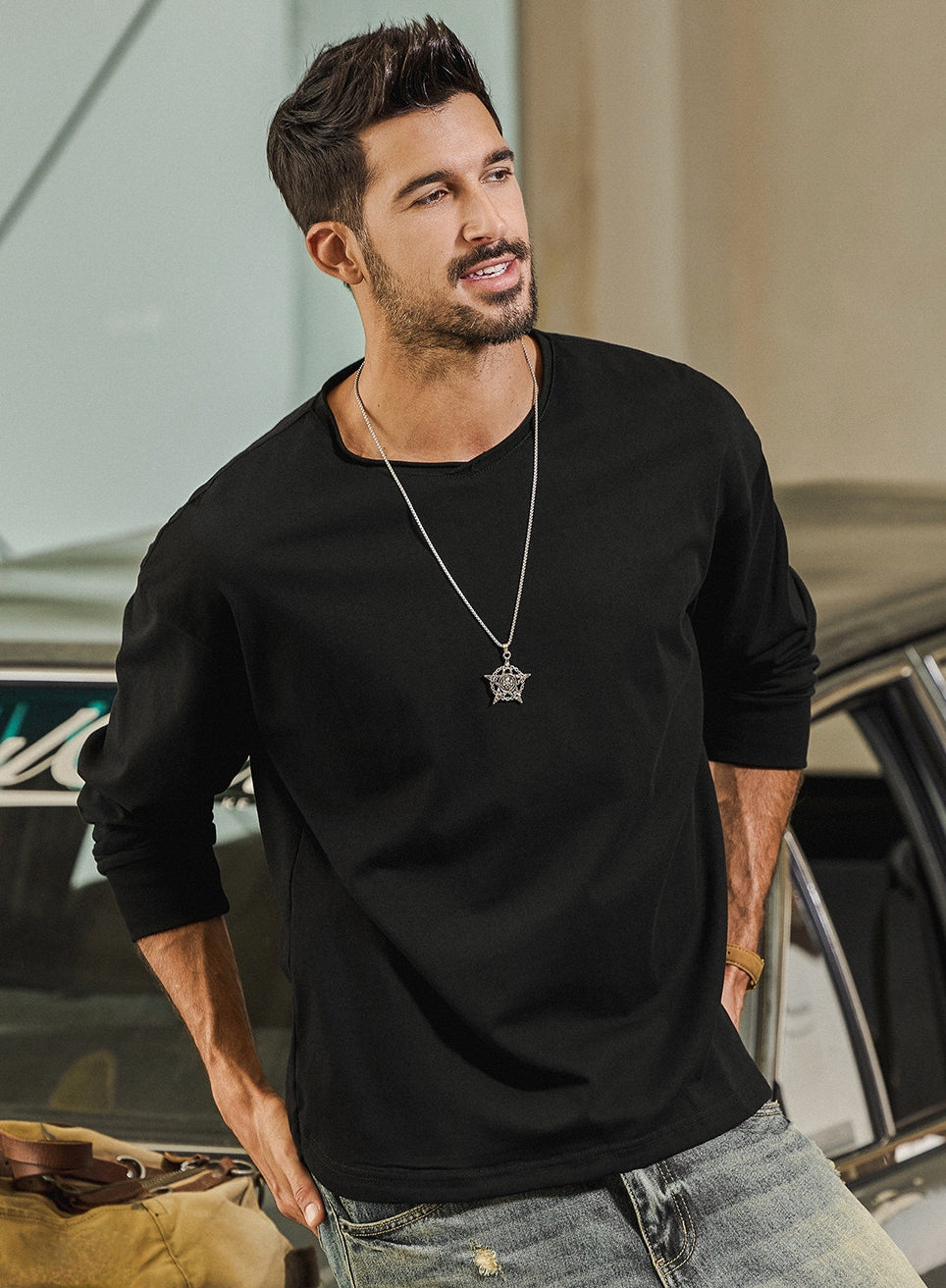 100% Cotton Long Sleeve Tee  - BLACK