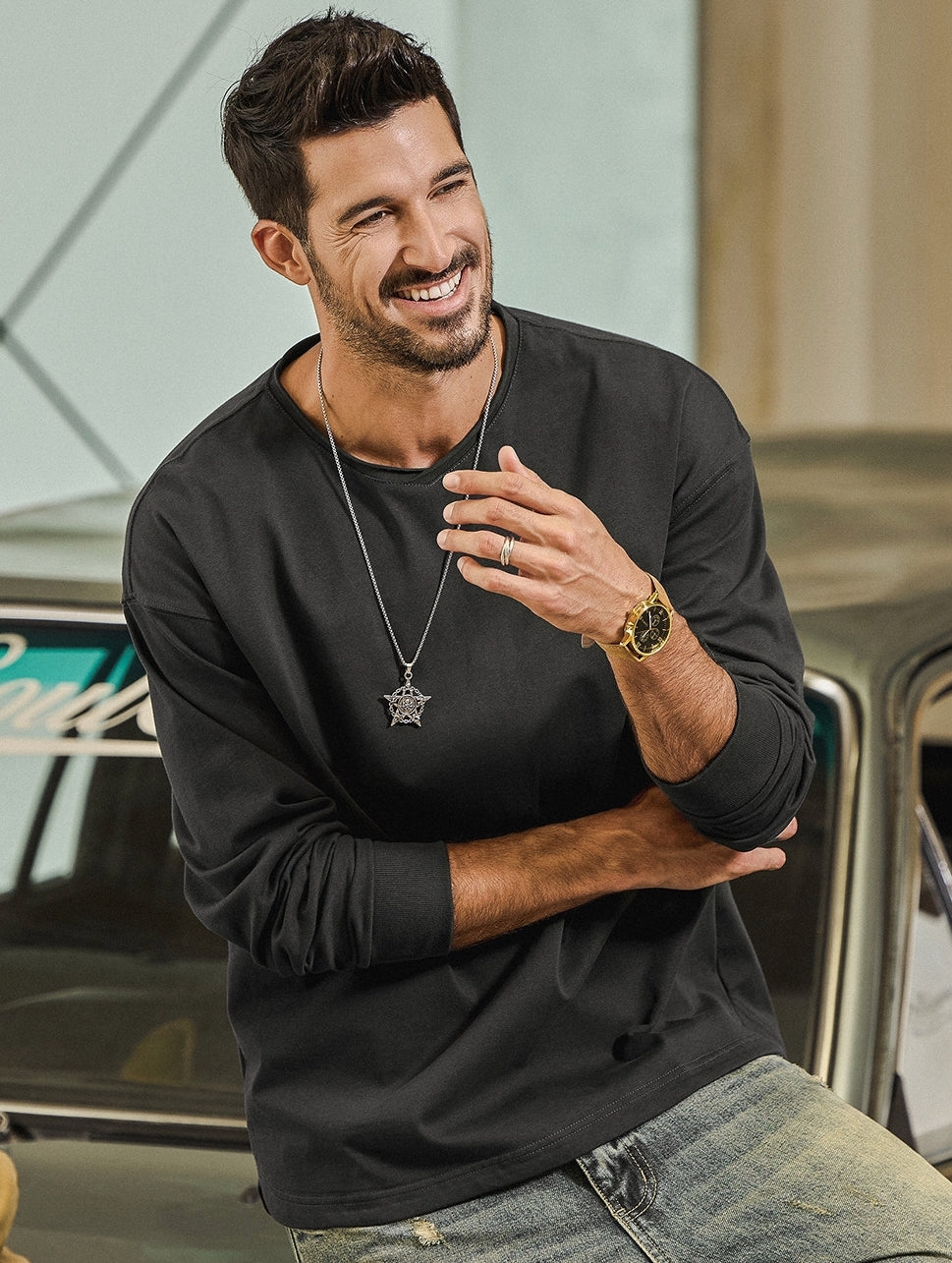 100% Cotton Long Sleeve Tee  - CARBONASH