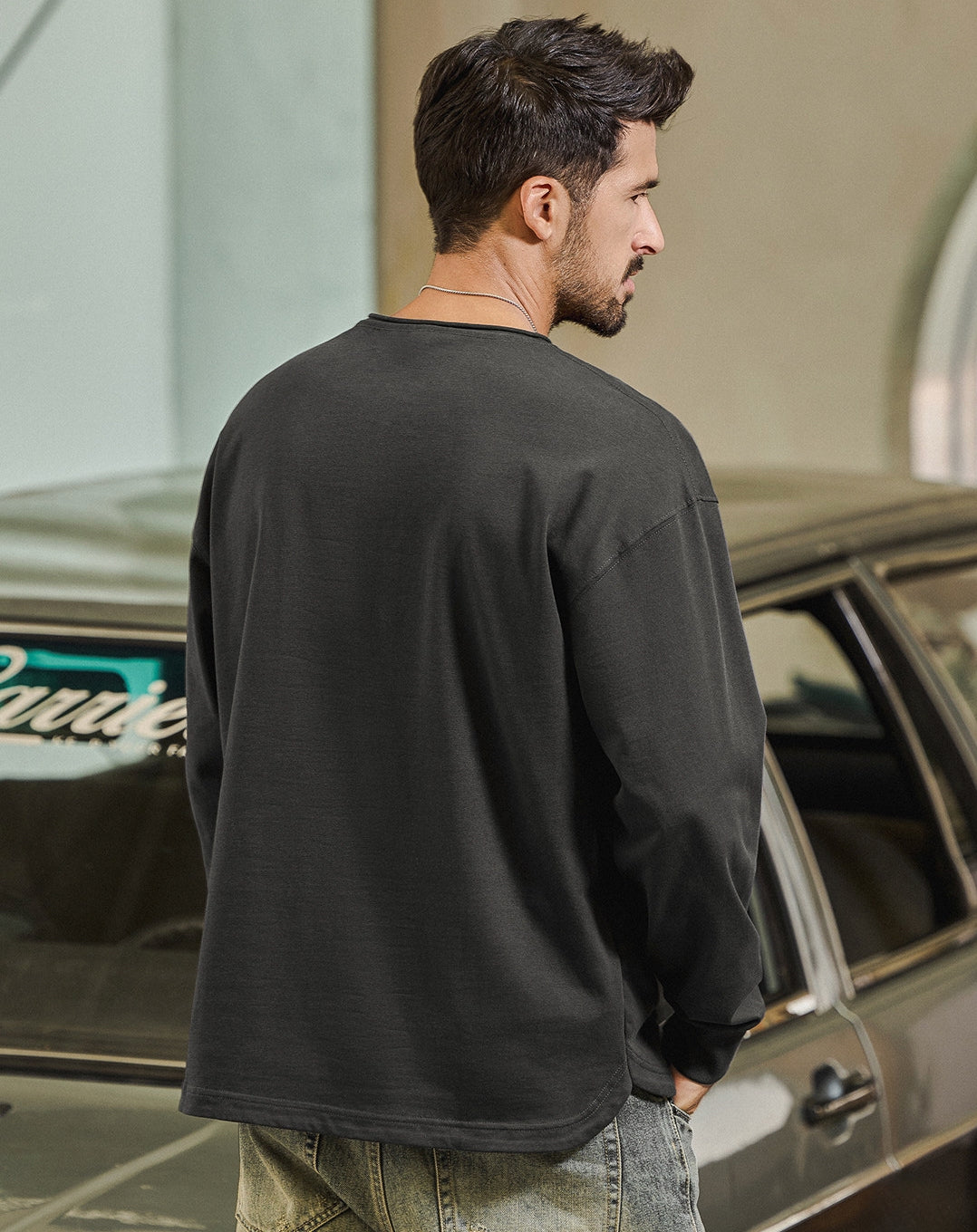 100% Cotton Long Sleeve Tee  - CARBONASH