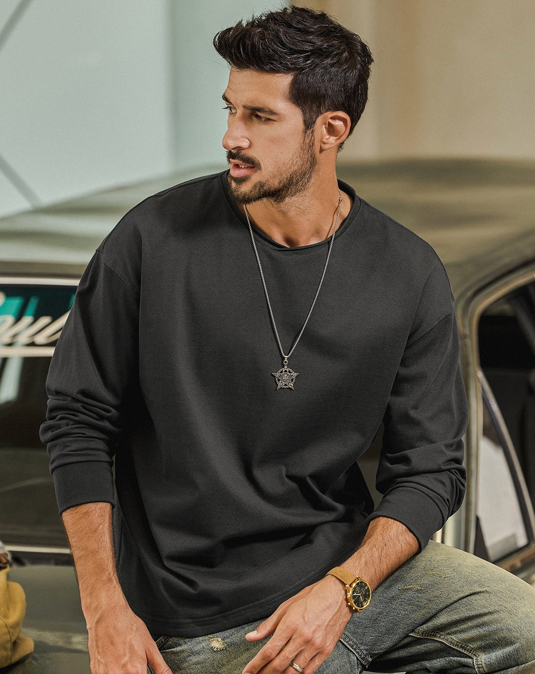 100% Cotton Long Sleeve Tee  - CARBONASH