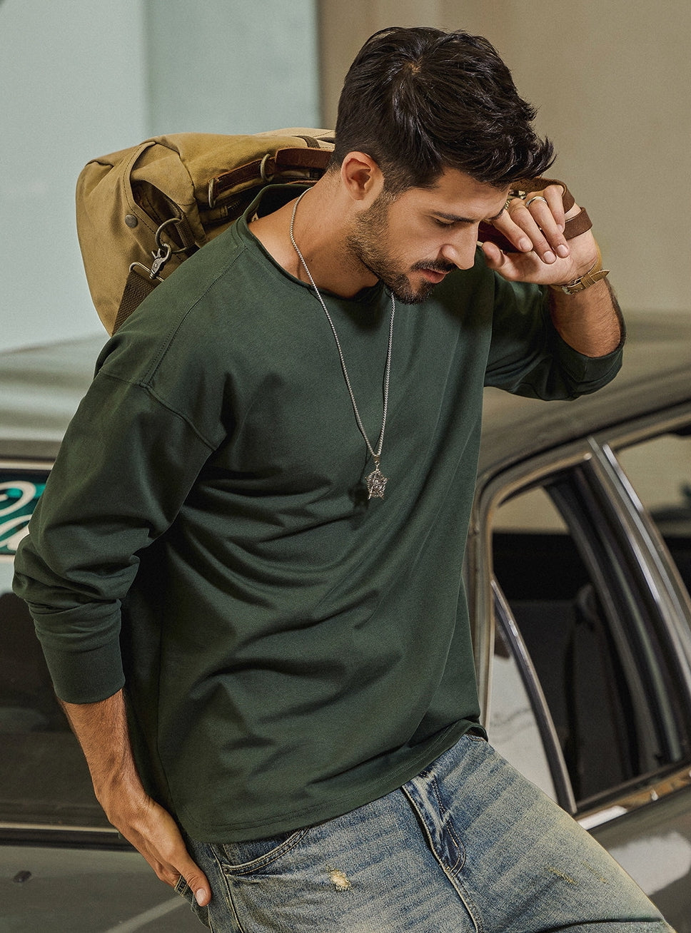 100% Cotton Long Sleeve Tee  - DARKGREEN