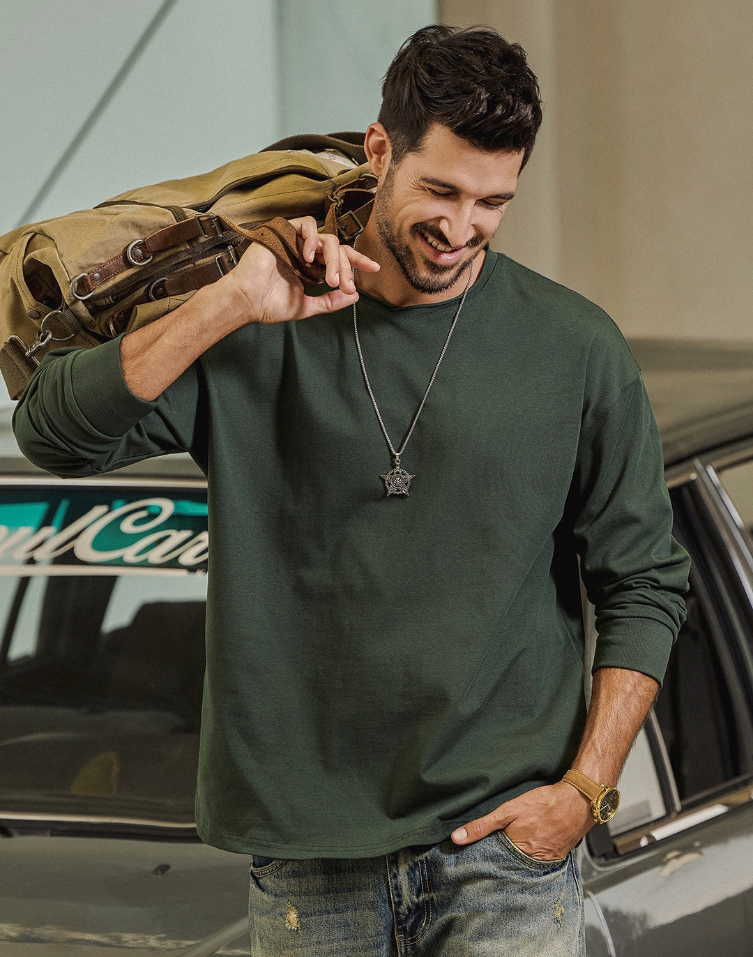 100% Cotton Long Sleeve Tee  - DARKGREEN
